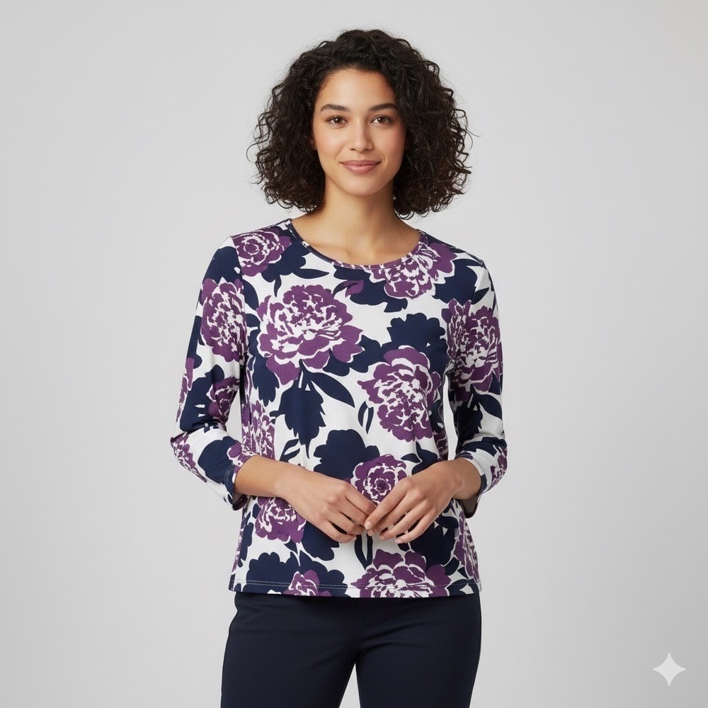 Chicos Womens Size 1 (Med) Floral Blouse Purple 3/4 Sleeve Top Work Career Party